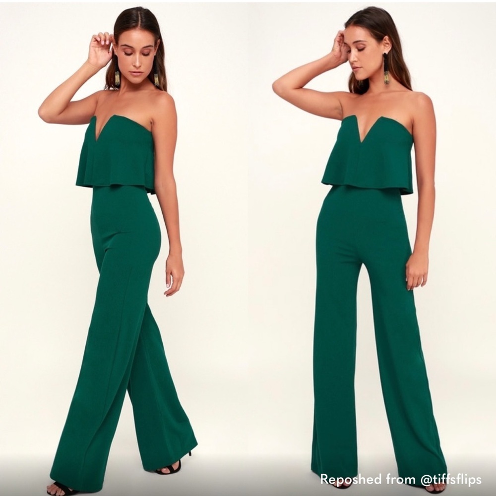 LuLus Power of Love Emerald Green Strapless Jumpsuit